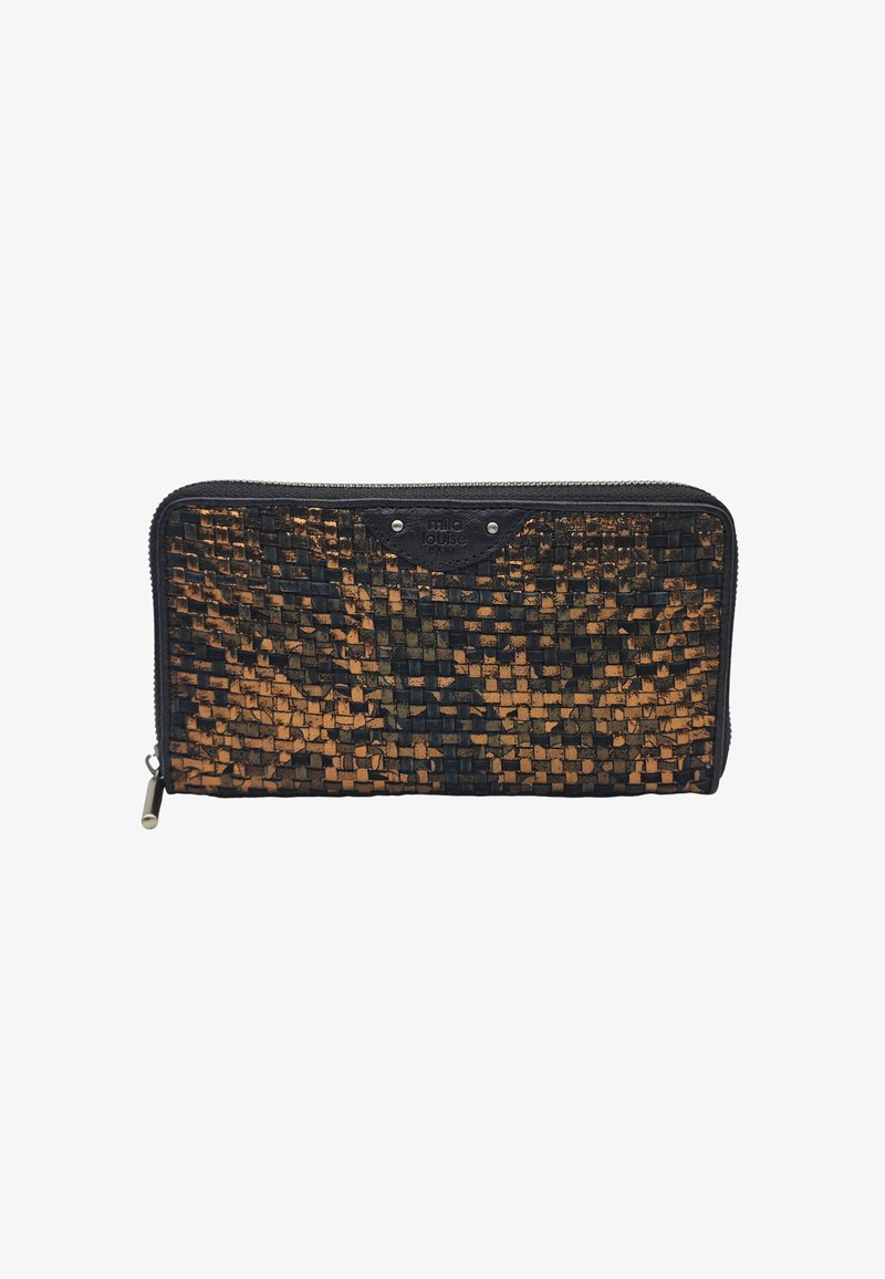 Portefeuille tissé noir et cuivre avec fermeture éclair. Présente un motif texturé et un accent de logo. Le matériau semble synthétique. Les dimensions ne sont pas spécifiées.