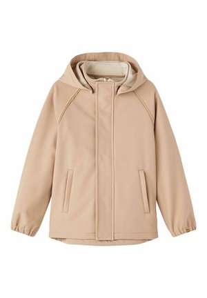 Beige Softshell-Jacke mit Kapuze, Reißverschluss, zwei Seitentaschen, elastischen Manschetten und einem warmen Fleece-Futter.
