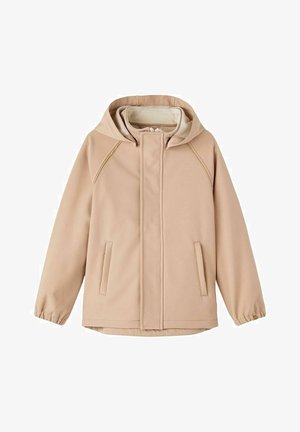 Veste en softshell beige avec capuche, dotée d'une fermeture éclair, de deux poches latérales, de poignets élastiques et d'une doublure en polaire chaude.