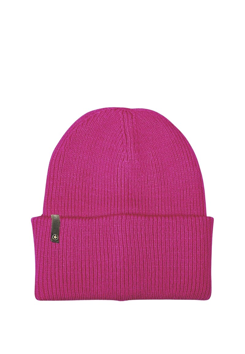 Pink knitted beanie hat with a folded cuff, featuring vertical ribbing texture and a small logo tag on the side.