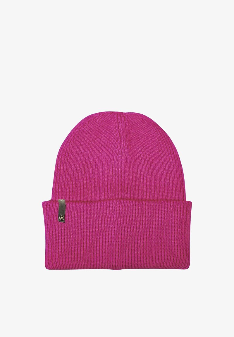 Pink knitted beanie hat with a folded cuff, featuring vertical ribbing texture and a small logo tag on the side.