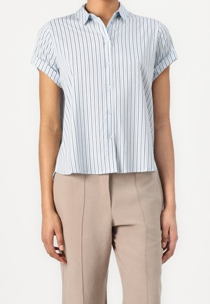 Vrouw met een lichtblauw, kortarmig overhemd met verticale strepen en beige broek, staand tegen een effen achtergrond.