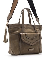 Olivengrünes Lederhandtasche mit zwei Griffen und abnehmbaren Träger. Verfügt über eine Frontklappen-Tasche, Quastendetail und dekorative Nähten.