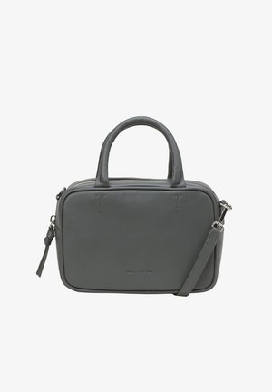 Compact rechthoekige donkergrijze leren handtas met dubbele handvatten, afneembare schouderriem, ritssluiting en subtiele geperste merknaam.