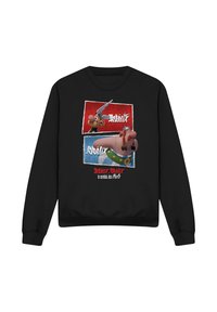 Black sweatshirt featuring Asterix and Obelix illustrations on a red and blue background, with text in white and red accents.