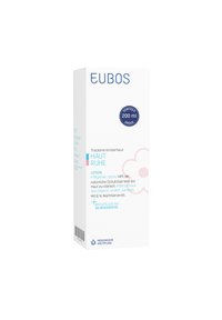 EUBOS lotion packaging, white box with blue text, 200 ml. Features pink cloud graphic and ingredients listing. Minimalist design.
