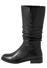 Svart läderknähöga stövlar med en sladdrig design, rund tå och låg blockklack. Har minimalt med metalldetaljer och en slät yta.