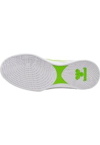 Suola della scarpa in gomma bianca con un intricate motivo di battistrada. Presenta un accento verde vibrante e un logo verde. Forma curva con sezioni testurizzate.