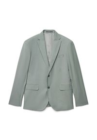 Hellgraue Anzugjacke aus gewebtem Stoff, einreihiges Design, Revers mit Kerb, zwei Vorder Taschen, Ein-Knopf-Verschluss und glattes Innenfutter.