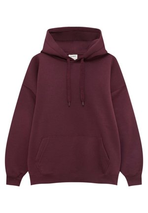 Sweat à capuche bordeaux avec poche avant et cordons, manches longues, poignets et ourlet côtelés.