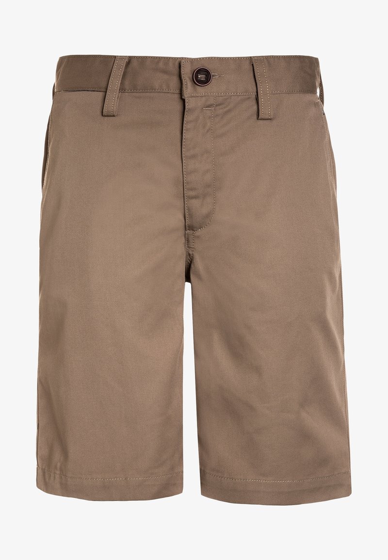 Pantaloni corti beige da uomo a ginocchio con passanti per cintura, chiusura a bottone e tasche laterali.