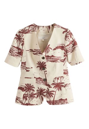 Kort beige blazer med brun tropisk palme- og havlandskabsprint, tre knapper, korte ærmer og to forlommer.
