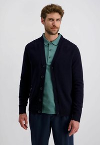 Mann, der eine dunkelmarinefarbene, geknöpfte Strickjacke über einem grünen Poloshirt und dunklen Hosen trägt, steht vor einem schlichten, hellen Hintergrund.