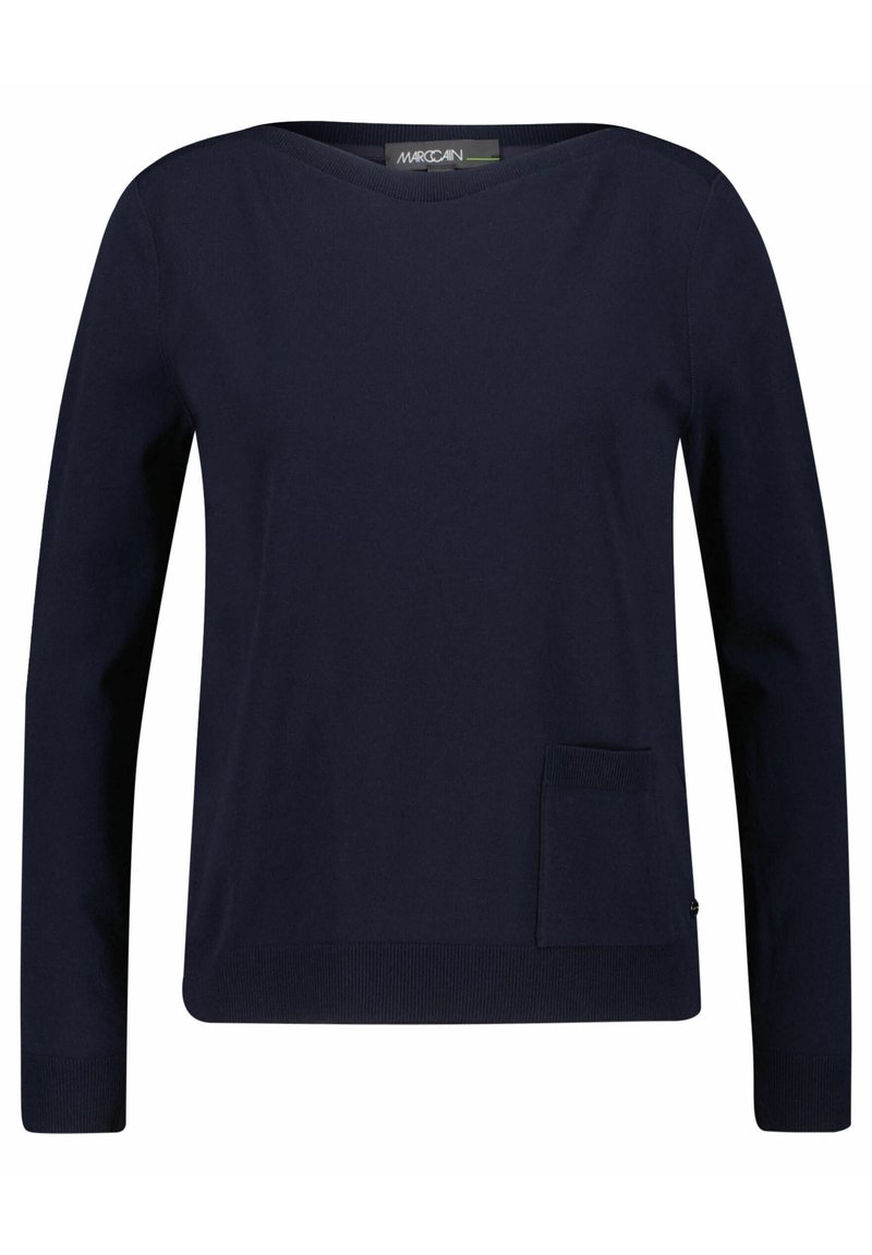 Marineblaues langärmliges Oberteil mit V-Ausschnitt, das eine Brusttasche und einen gerippten Saum aufweist. Hergestellt aus weichem Stoff, hat es eine lockere Passform.