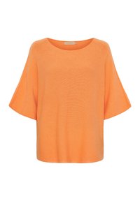 Overdimensioneret orange T-shirt med bred, rund halsudskæring og korte, løse ærmer. Fremstillet af blødt, letvægtsstof med en fin strikket tekstur.