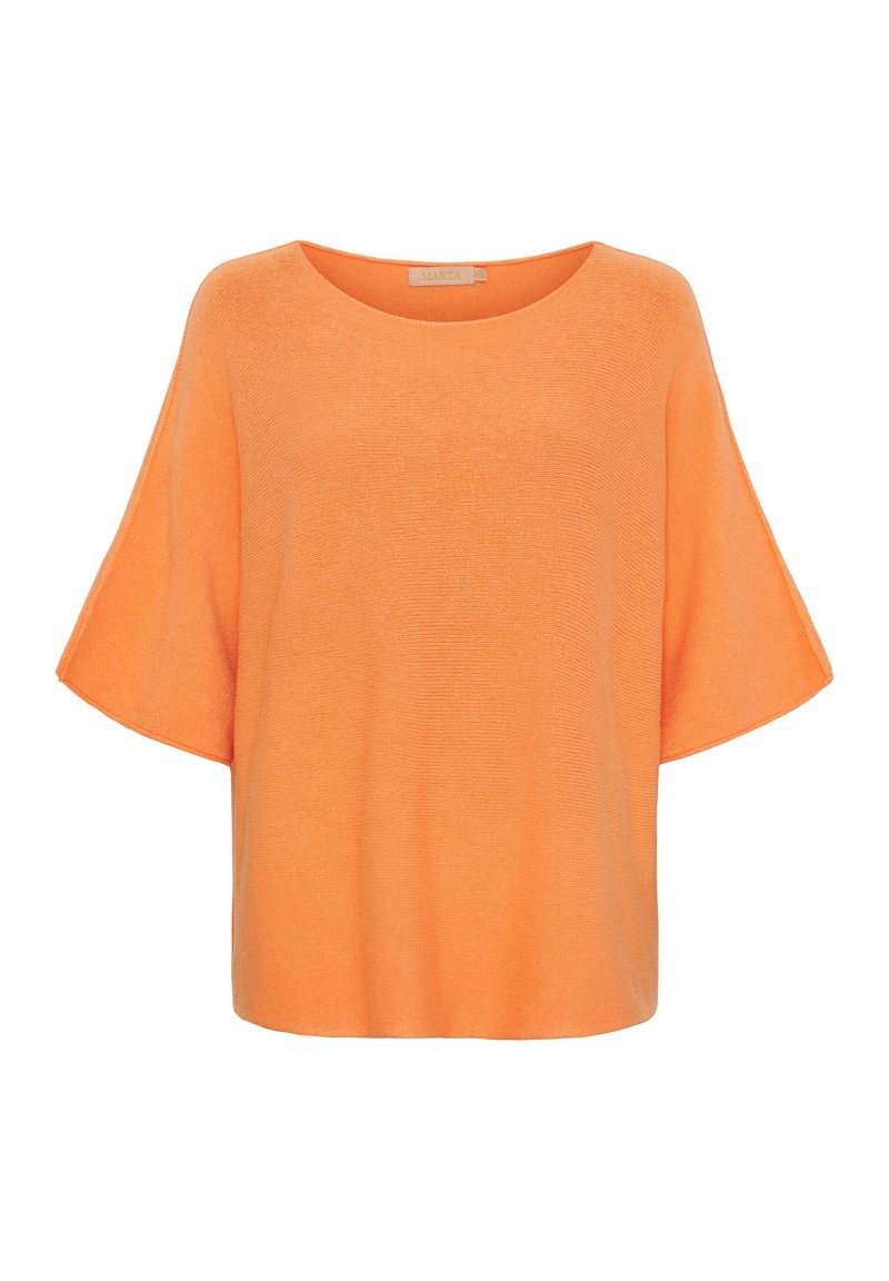 Overdimensioneret orange T-shirt med bred, rund halsudskæring og korte, løse ærmer. Fremstillet af blødt, letvægtsstof med en fin strikket tekstur.