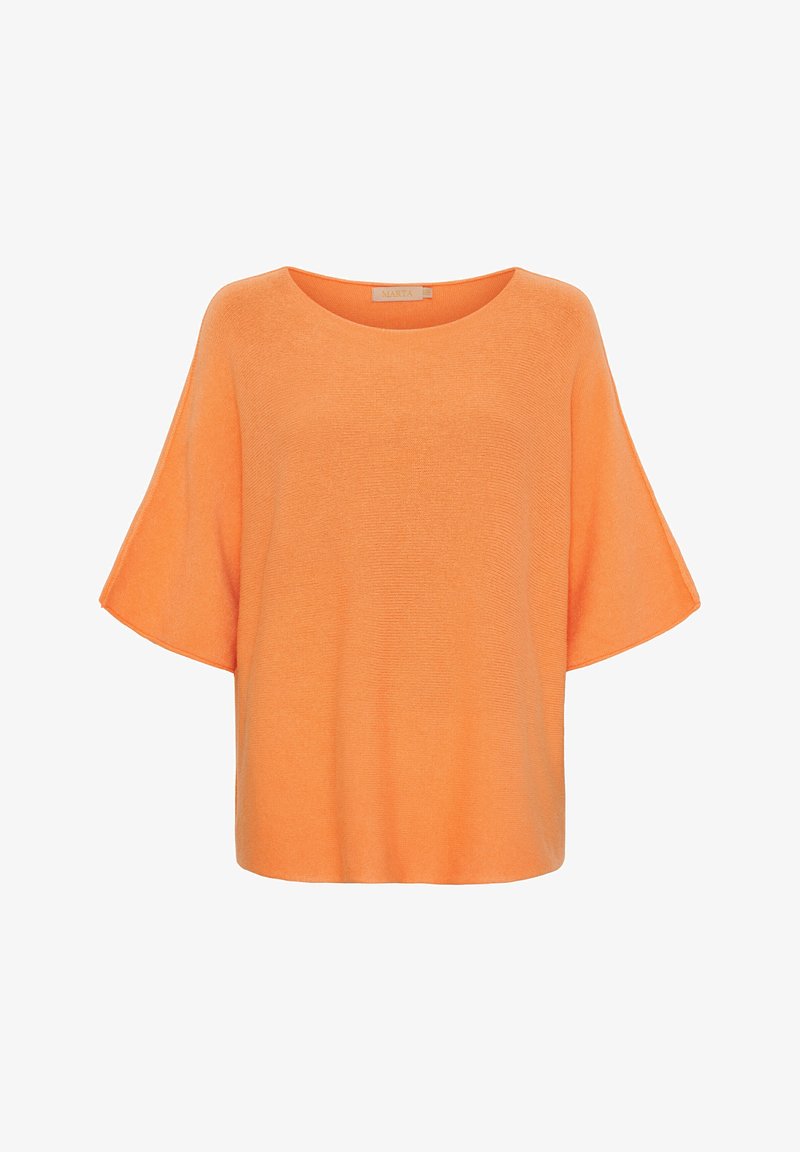 Overdimensioneret orange T-shirt med bred, rund halsudskæring og korte, løse ærmer. Fremstillet af blødt, letvægtsstof med en fin strikket tekstur.