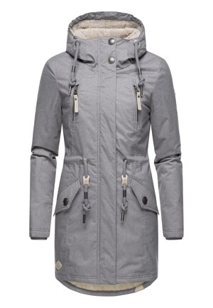 Gray parka jacket with a hood, featuring zippered pockets, drawstrings, and a soft lining. Smooth texture with contrasting interior.
