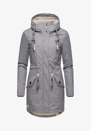 Grå parkajacka med huva, med dragkedjefickor, snölås och mjukt foder. Slät textur med kontrasterande insida.