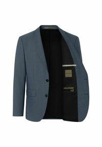 Hellblaues Blazer aus strukturiertem Stoff mit zwei Knöpfen, Reverskragen und einem schwarzen Innenfutter, das mit einem Etikett und Taschenakzenten versehen ist.