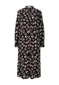 Robe midi noire à manches longues avec imprimé léopard abstrait blanc et rouge, devant boutonné, col avec revers et taille froncée.