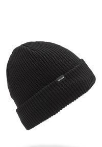Schwarze Strickmütze mit gerippter Textur und umgeschlagenem Saum. Verfügt über ein kleines weißes Logofähnchen an der Seite. Weiches und warmes Material.