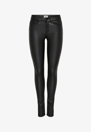 Schwarze, taillierte Skinny-Jeans aus Kunstleder mit hoher Taille, Vorderentaschen und einem figurbetonten Design, das sich an den Knöcheln verjüngt. Glatte Textur und genähte Details.