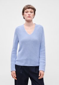 Ανοιχτό μπλε πουλόβερ με λαιμόκο�ψη σε σχήμα V και υφή πλεκτού. Μακριά μανίκια και ριγέ μανσέτες. Συνδυασμένο με σκούρες παντελόνες με ρίγες.