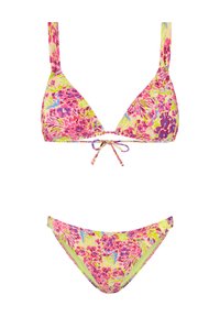Set bikini floreale con top a triangolo, spalline regolabili e laccio centrale. Pattern floreale in rosa brillante, verde e blu su un tessuto morbido.