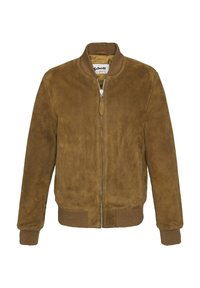 Chaqueta bomber de ante marrón con cuello, puños y ribete acanalados, cremallera frontal y bolsillos laterales.