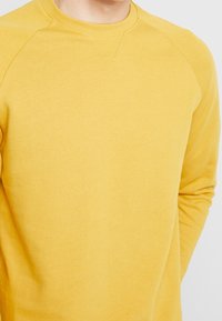 Gul crew-neck sweatshirt med långa raglanärmar, tillverkad av mjukt material, med en slät yta och minimala sömnadsdetaljer.