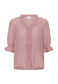 Helles pinkes Blusenshirt aus strukturiertem Stoff, mit einem gewellten Ausschnitt, Rüschensäumen und dekorativem Besatz entlang der Vorderseite.