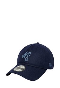 Navy cap made of wool blend, featuring a raised embroidered "NE" logo in lighter blue, curved brim, and an adjustable strap at the back.