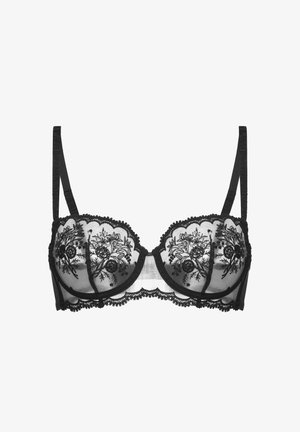 Sort gennemsigtig blonde-bh med blomsterbroderi, bøjleforstærkning, justerbare stropper og bølget kant langs skålene og båndet.