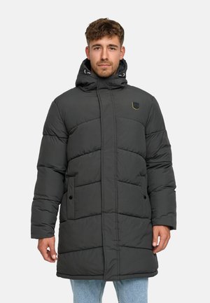 Dark gray puffer coat with a hood, featuring horizontal stitching, two side pockets, and a small logo patch at the chest.