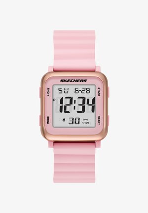 Digitale roze Skechers horloge met vierkante roségoudkleurige kast, toont tijd 12:34, datum zondag 28-6, en meerdere functietoetsen.