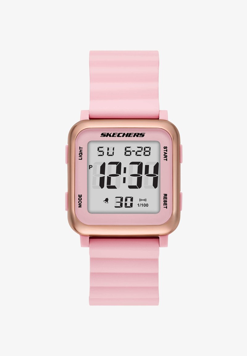 Orologio digitale rosa Skechers con cassa quadrata color oro rosa, mostra l'ora 12:34, data domenica 28-6 e più pulsanti funzione.