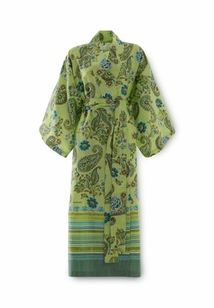 Hellgrüner Kimono-Bademantel mit floralem und Paisley-Muster, weiten Ärmeln, passendem Gürtel und gestreiftem Saum.