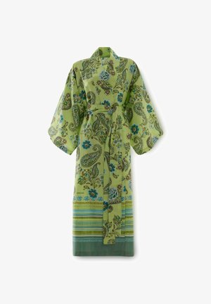 Hellgrüner Kimono-Bademantel mit floralem und Paisley-Muster, weiten Ärmeln, passendem Gürtel und gestreiftem Saum.