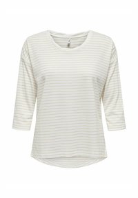 Witte top met gouden horizontale strepen, ronde halslijn, driekwart mouwen en een gebogen zoom voor een relaxte pasvorm. Zachte, lichte stof.