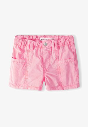 Pantaloni scurți roz dintr-un material ușor, cu un talie elastică, două buzunare frontale și detalii de cusătură în față.