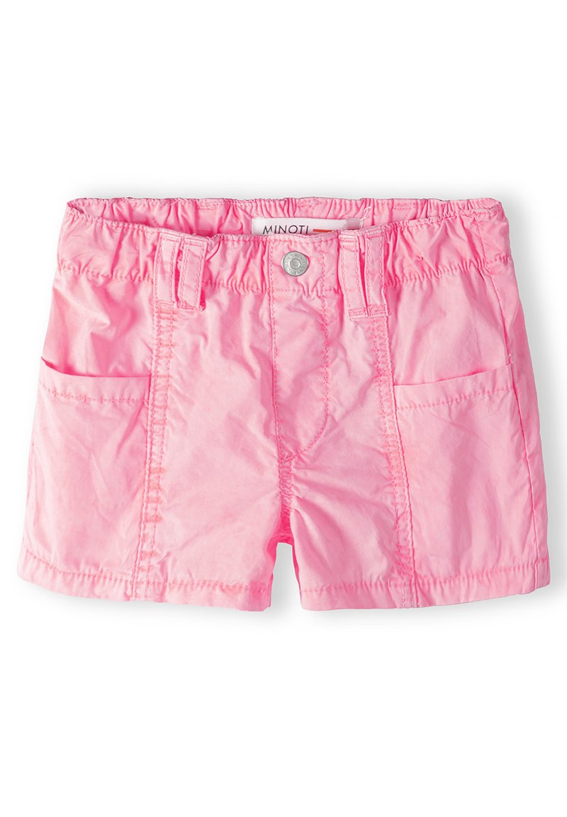 Shorts roses en matériau léger avec une taille élastique, deux poches avant et des détails de couture à l'avant.