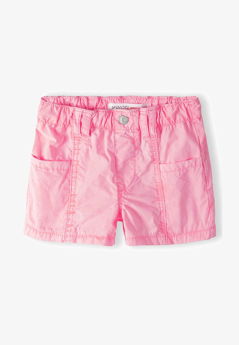 Rozā šorti, izgatavoti no viegla materiāla, ar elastīgu jostasvietu, divām priekšējām kabatām un priekšējām šuvēm.