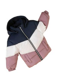 Giacca imbottita con un design color block blu navy, bianco e rosa, dotata di cappuccio, chiusura con zip e due tasche anteriori.