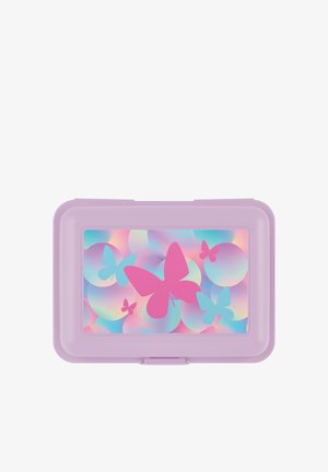 Piccola scatola rettangolare viola con coperchio trasparente che mostra un motivo colorato di farfalle e bolle all’interno.
