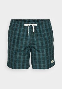 Calções de banho para homem numa cor verde-teal escura com um padrão de grelha em verde-teal mais claro. Possui um cós elástico com um cordão branco e etiqueta.