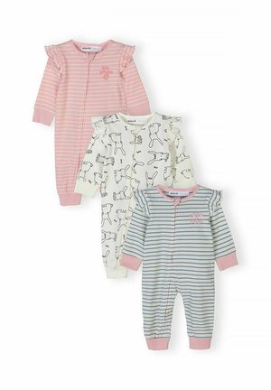 Zestaw trzech body niemowlęcych z falbankami na ramionach; różowe paski, białe z nadrukami zwierząt oraz niebieskie paski z różowymi mankietami.