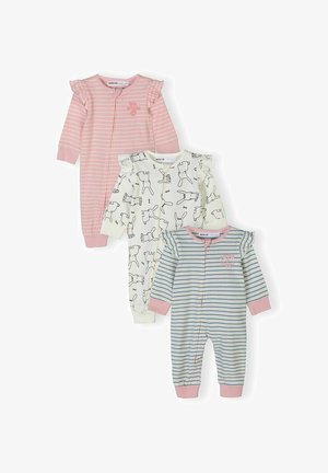 Három darab babaruhából álló készlet fodros vállrésszel; rózsaszín csíkos, fehér állatmintás és kék csíkos rózsaszín mandzsettákkal.