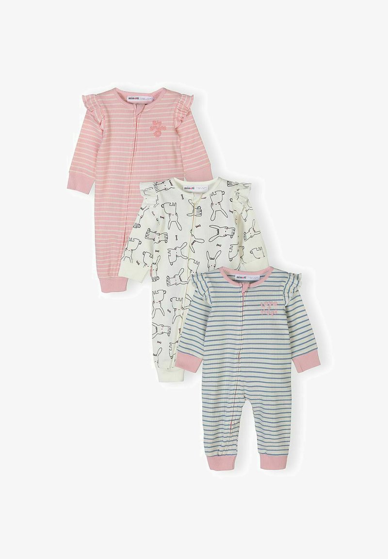 Ensemble de trois bodies pour bébé avec épaules à volants ; rayures roses, blanc avec imprimés d'animaux, et rayures bleues avec poignets roses.