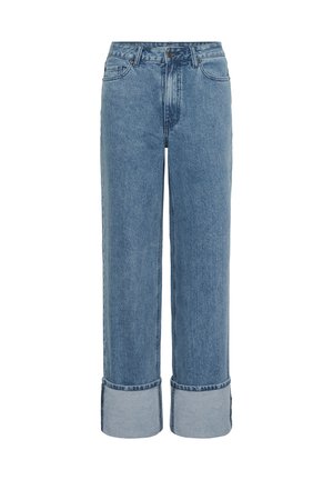 Klassische blaue Jeans aus Denim mit hoher Taille, weitem Bein und aufgerollten Säumen. Verfügt über fünf Taschen und dezente Wäsche-Effekte auf dem Stoff.